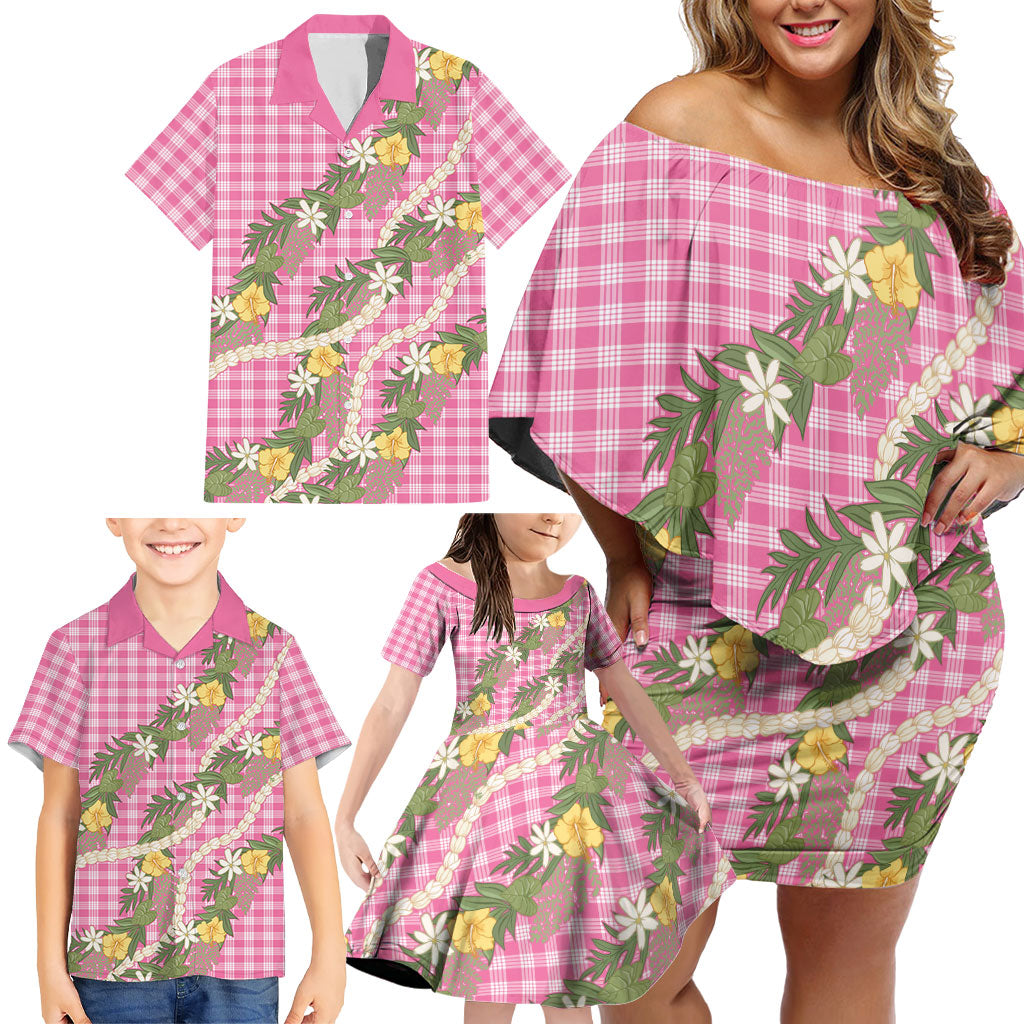 Aloha Puakenikeni Anthurium Pikake Lei Family Matching Off Shoulder Short Dress and Hawaiian Shirt Tropical Pink Hawaiian Palaka Pattern