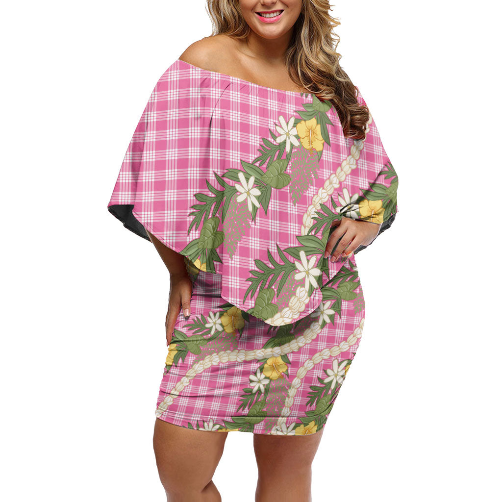 Aloha Puakenikeni Anthurium Pikake Lei Family Matching Off Shoulder Short Dress and Hawaiian Shirt Tropical Pink Hawaiian Palaka Pattern LT9 Mom's Dress Pink - Polynesian Pride