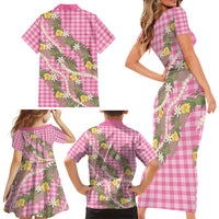Aloha Puakenikeni Anthurium Pikake Lei Family Matching Short Sleeve Bodycon Dress and Hawaiian Shirt Tropical Pink Hawaiian Palaka Pattern LT9 - Polynesian Pride