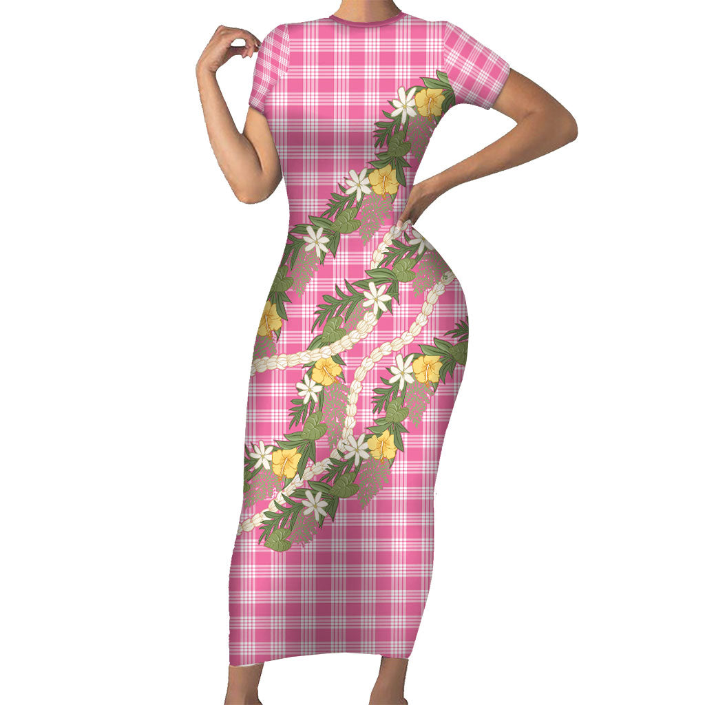 Aloha Puakenikeni Anthurium Pikake Lei Family Matching Short Sleeve Bodycon Dress and Hawaiian Shirt Tropical Pink Hawaiian Palaka Pattern LT9 Mom's Dress Pink - Polynesian Pride