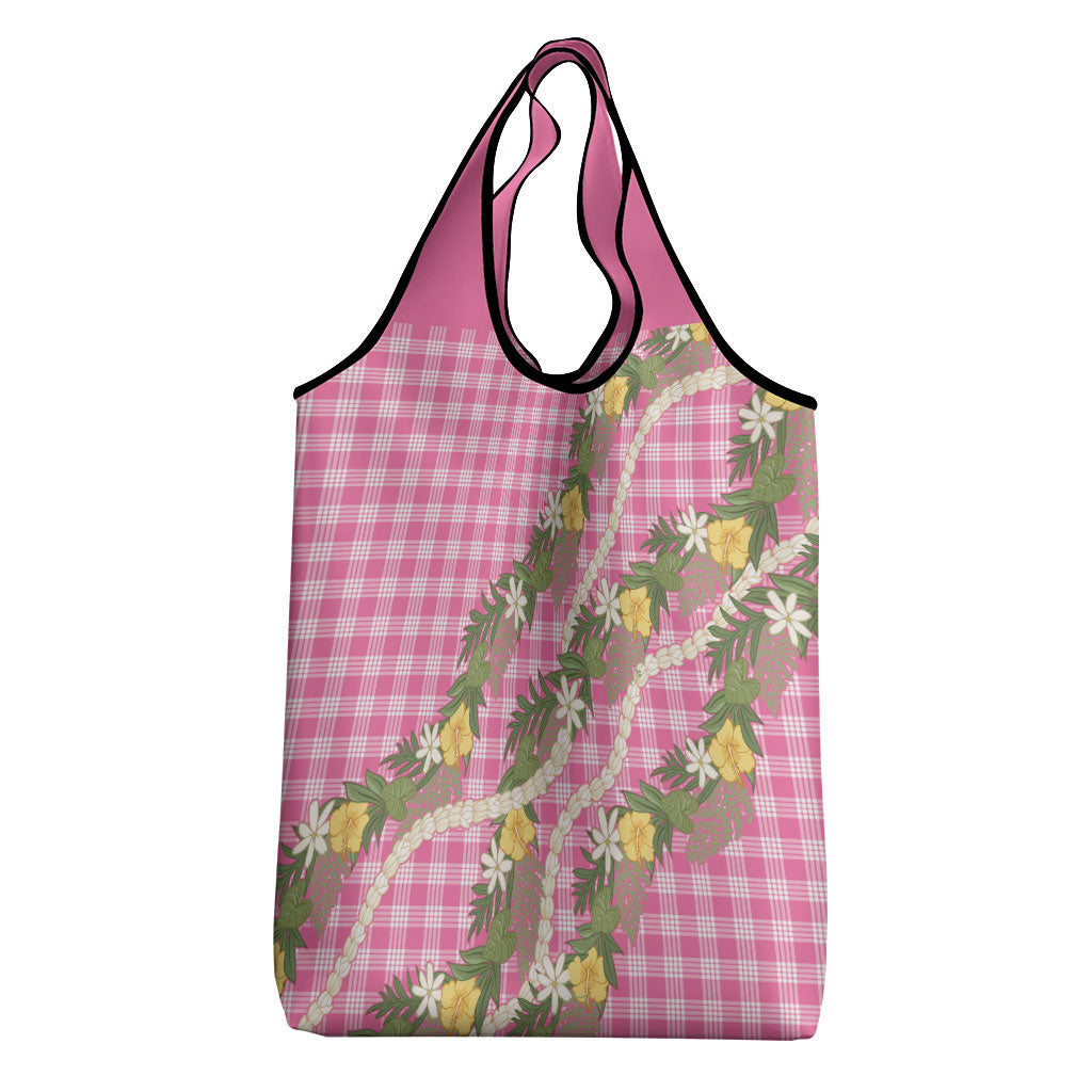 Aloha Puakenikeni Anthurium Pikake Lei Grocery Bag Tropical Pink Hawaiian Palaka Pattern