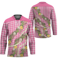 Aloha Puakenikeni Anthurium Pikake Lei Hockey Jersey Tropical Pink Hawaiian Palaka Pattern