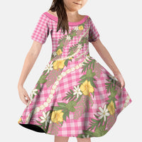 Aloha Puakenikeni Anthurium Pikake Lei Kid Short Sleeve Dress Tropical Pink Hawaiian Palaka Pattern