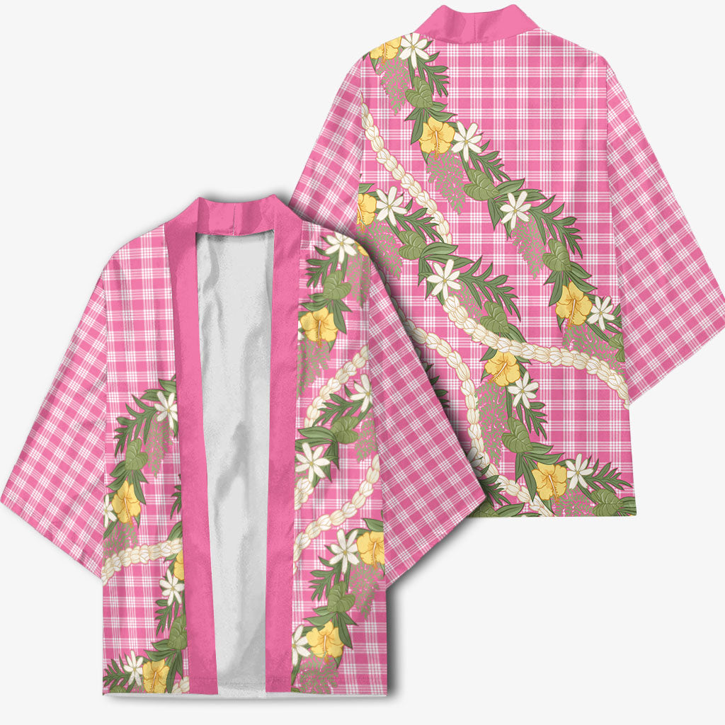 Aloha Puakenikeni Anthurium Pikake Lei Kimono Tropical Pink Hawaiian Palaka Pattern