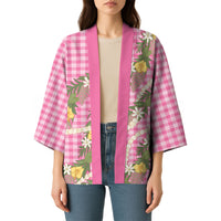 Aloha Puakenikeni Anthurium Pikake Lei Kimono Tropical Pink Hawaiian Palaka Pattern