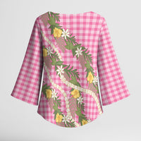 Aloha Puakenikeni Anthurium Pikake Lei Kimono Sleeve Blouse Tropical Pink Hawaiian Palaka Pattern