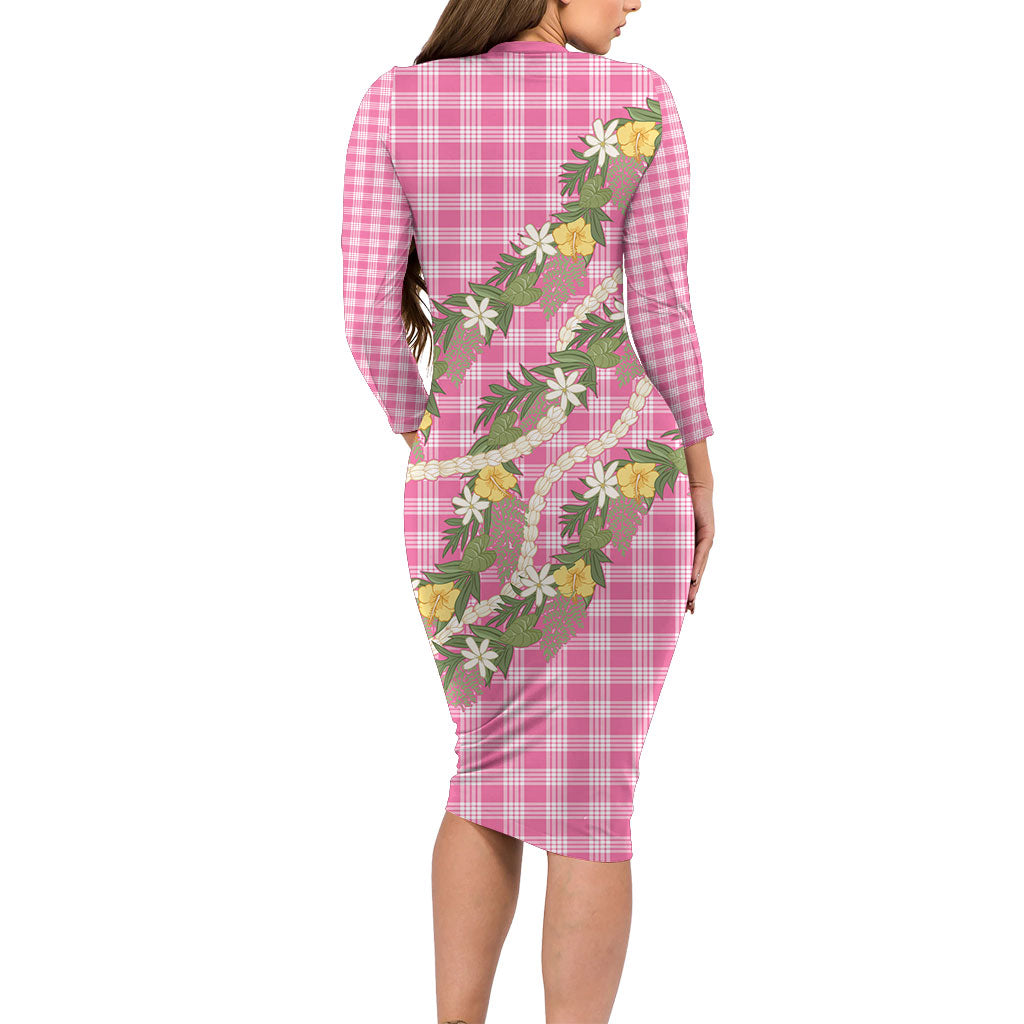 Aloha Puakenikeni Anthurium Pikake Lei Long Sleeve Bodycon Dress Tropical Pink Hawaiian Palaka Pattern LT9 - Polynesian Pride