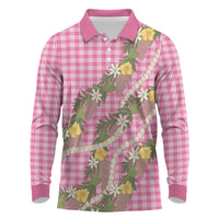 Aloha Puakenikeni Anthurium Pikake Lei Long Sleeve Polo Shirt Tropical Pink Hawaiian Palaka Pattern