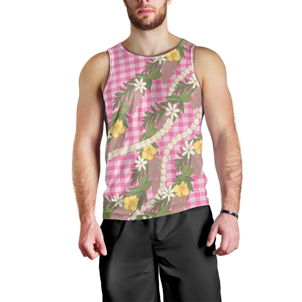 Aloha Puakenikeni Anthurium Pikake Lei Men Tank Top Tropical Pink Hawaiian Palaka Pattern