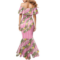 Aloha Puakenikeni Anthurium Pikake Lei Mermaid Dress Tropical Pink Hawaiian Palaka Pattern