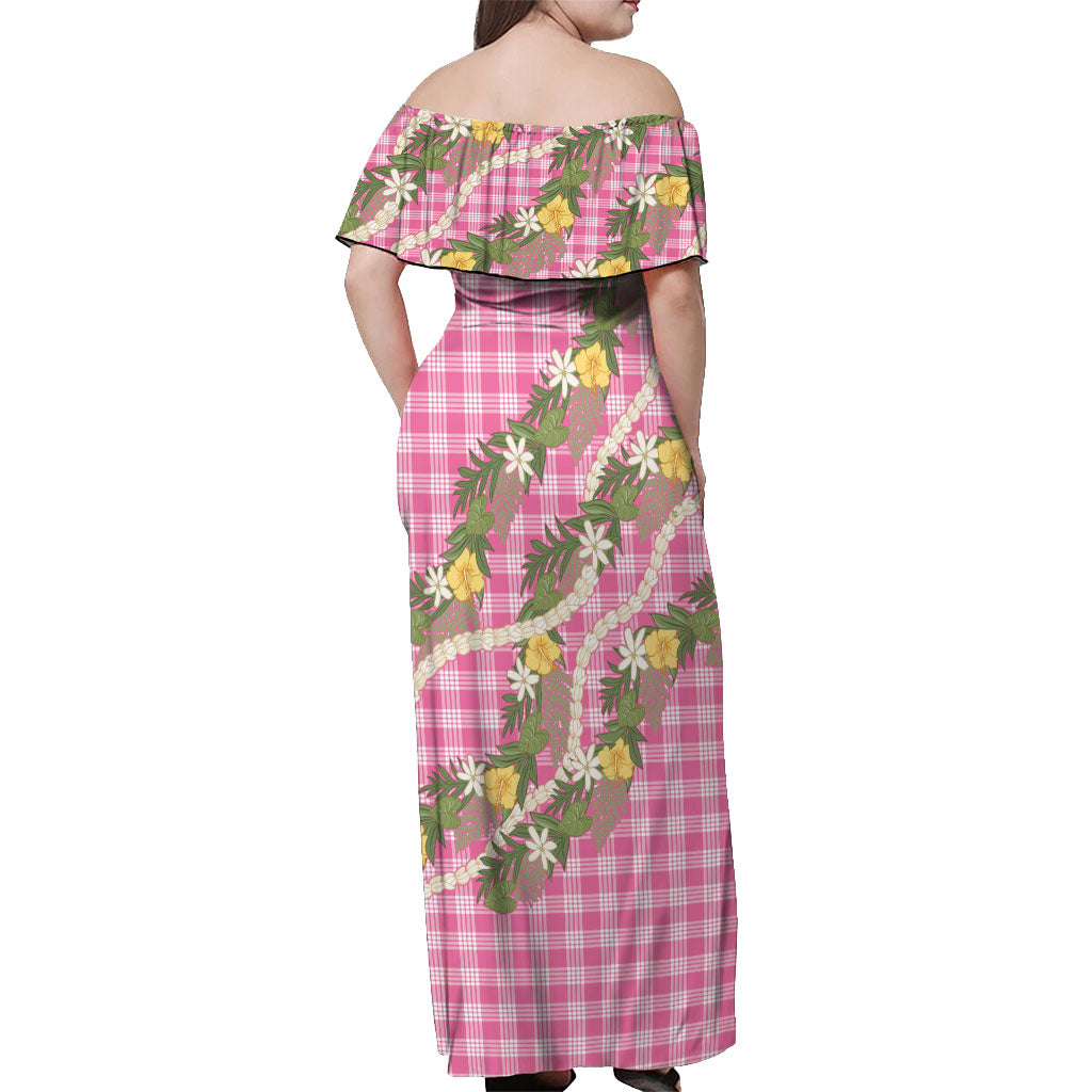 Aloha Puakenikeni Anthurium Pikake Lei Off Shoulder Maxi Dress Tropical Pink Hawaiian Palaka Pattern