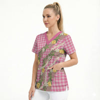 Aloha Puakenikeni Anthurium Pikake Lei Scrub Top Tropical Pink Hawaiian Palaka Pattern