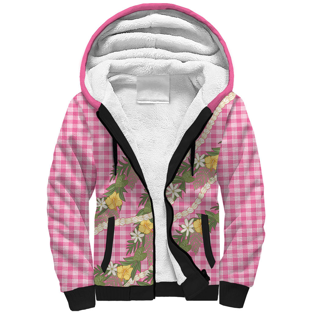 Aloha Puakenikeni Anthurium Pikake Lei Sherpa Hoodie Tropical Pink Hawaiian Palaka Pattern