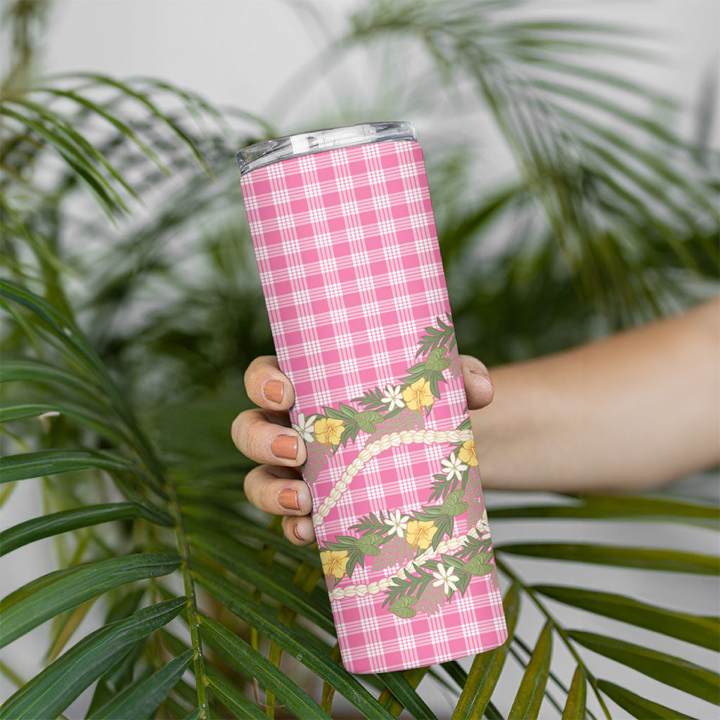 Aloha Puakenikeni Anthurium Pikake Lei Skinny Tumbler Tropical Pink Hawaiian Palaka Pattern LT9 - Polynesian Pride