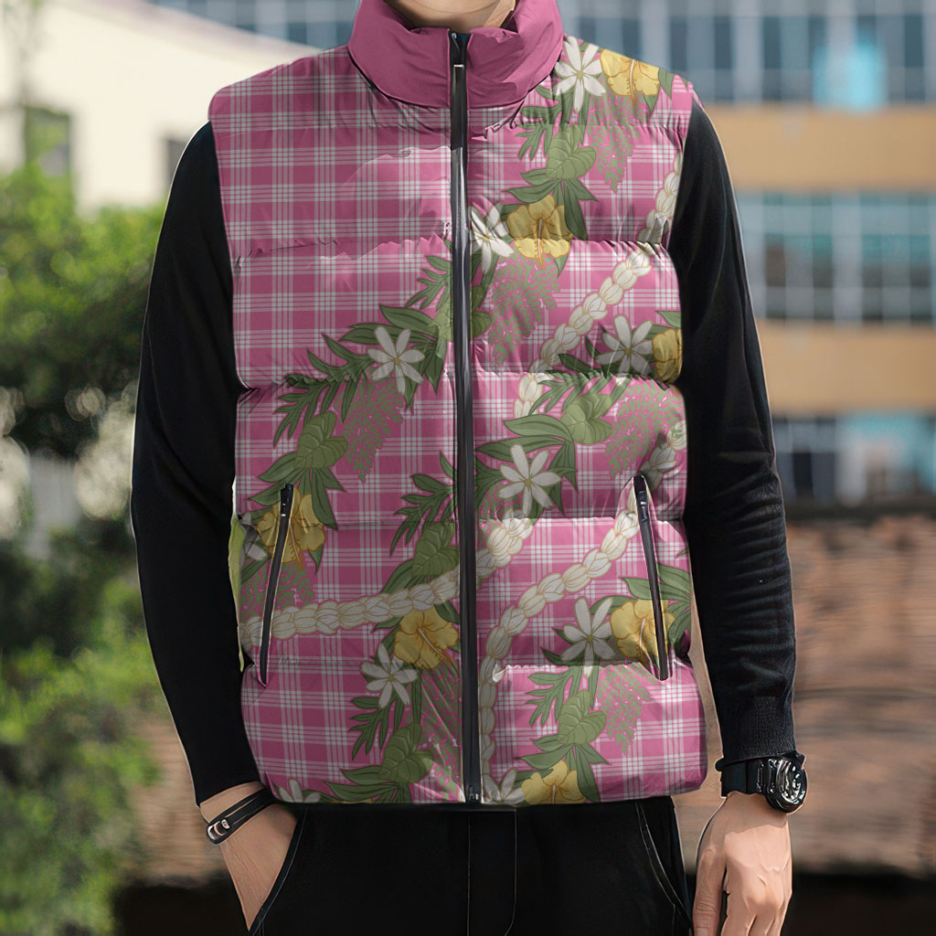 Aloha Puakenikeni Anthurium Pikake Lei Sleeveless Puffer Jacket Tropical Pink Hawaiian Palaka Pattern