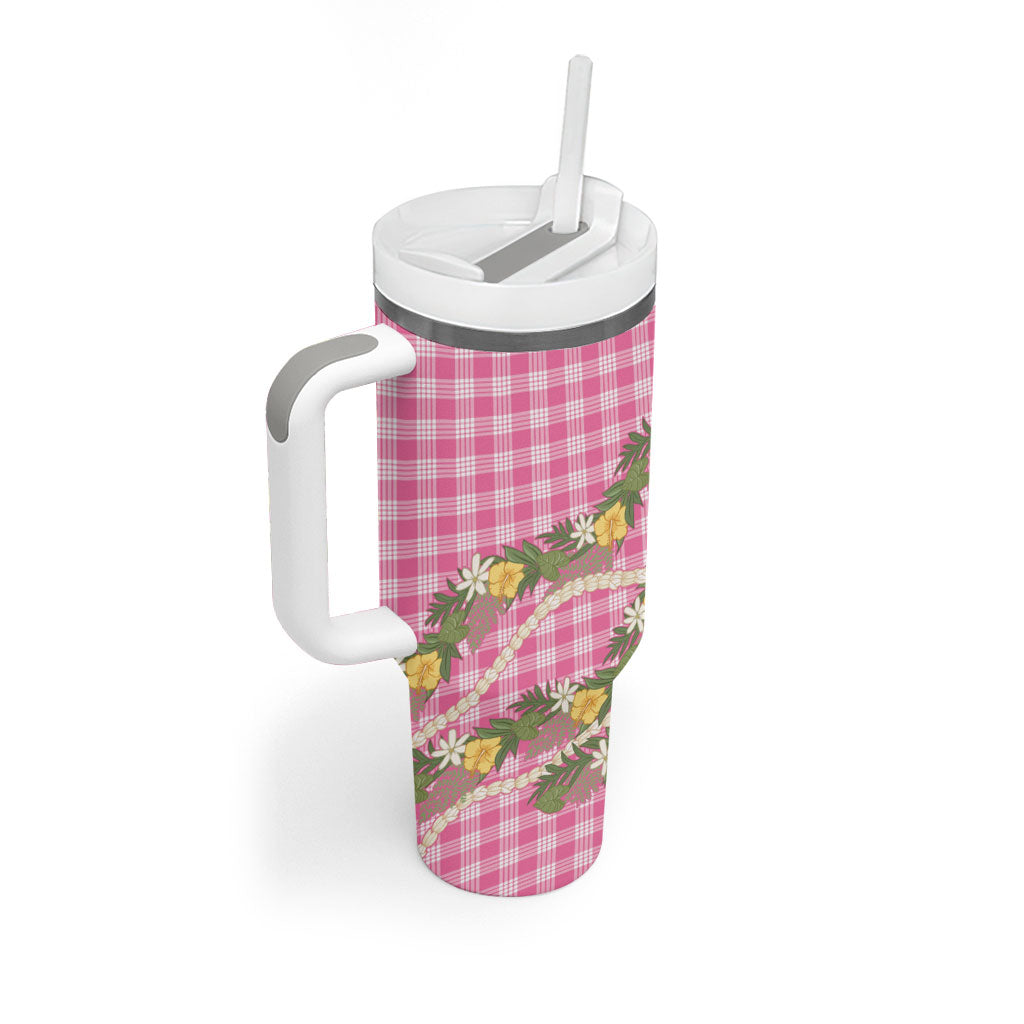 Aloha Puakenikeni Anthurium Pikake Lei Tumbler With Handle Tropical Pink Hawaiian Palaka Pattern