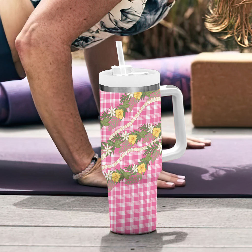 Aloha Puakenikeni Anthurium Pikake Lei Tumbler With Handle Tropical Pink Hawaiian Palaka Pattern