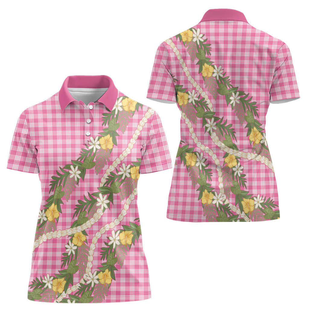 Aloha Puakenikeni Anthurium Pikake Lei Women Polo Shirt Tropical Pink Hawaiian Palaka Pattern LT9 - Polynesian Pride