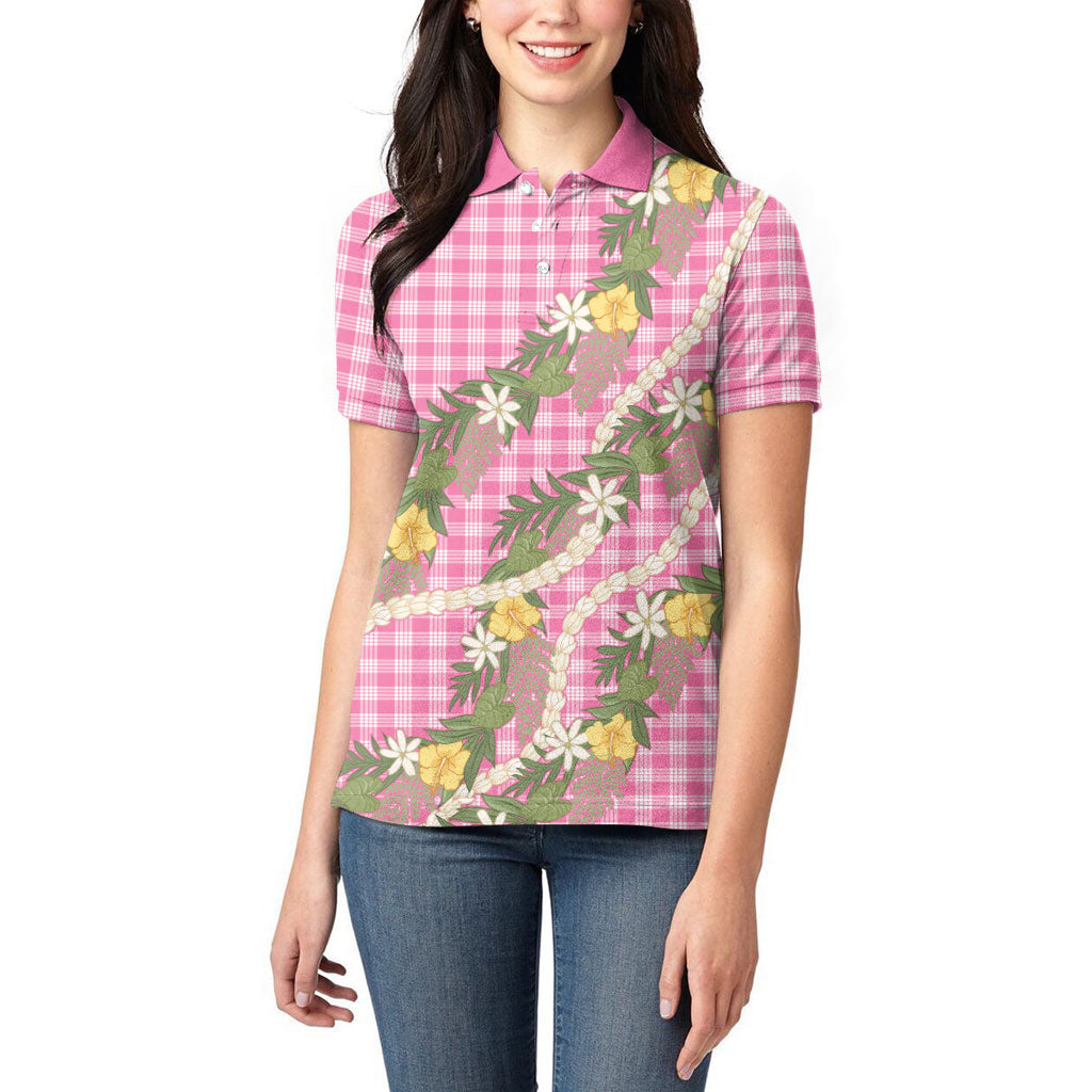 Aloha Puakenikeni Anthurium Pikake Lei Women Polo Shirt Tropical Pink Hawaiian Palaka Pattern LT9 - Polynesian Pride