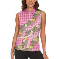 Aloha Puakenikeni Anthurium Pikake Lei Women Sleeveless Polo Shirt Tropical Pink Hawaiian Palaka Pattern LT9 - Polynesian Pride