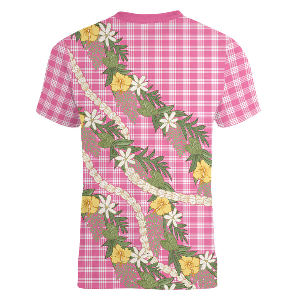 Aloha Puakenikeni Anthurium Pikake Lei Women V-Neck T-Shirt Tropical Pink Hawaiian Palaka Pattern LT9 - Polynesian Pride
