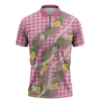 Aloha Puakenikeni Anthurium Pikake Lei Zipper Polo Shirt Tropical Pink Hawaiian Palaka Pattern