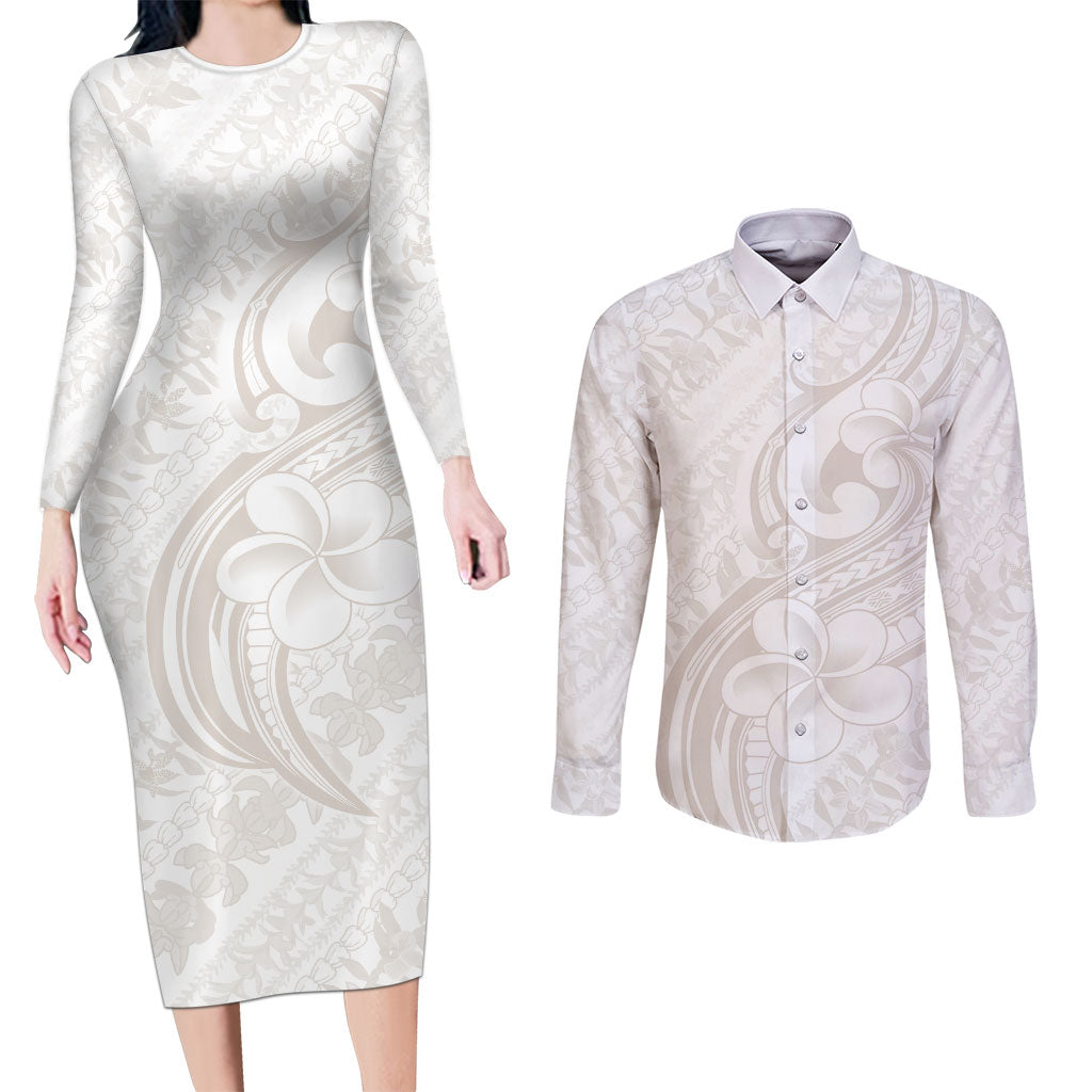 Hawaii Plumeria Lokelani Pikake Lei Couples Matching Long Sleeve Bodycon Dress and Long Sleeve Button Shirt Sandy Beige Polynesian Tattoo LT9 Beige - Polynesian Pride