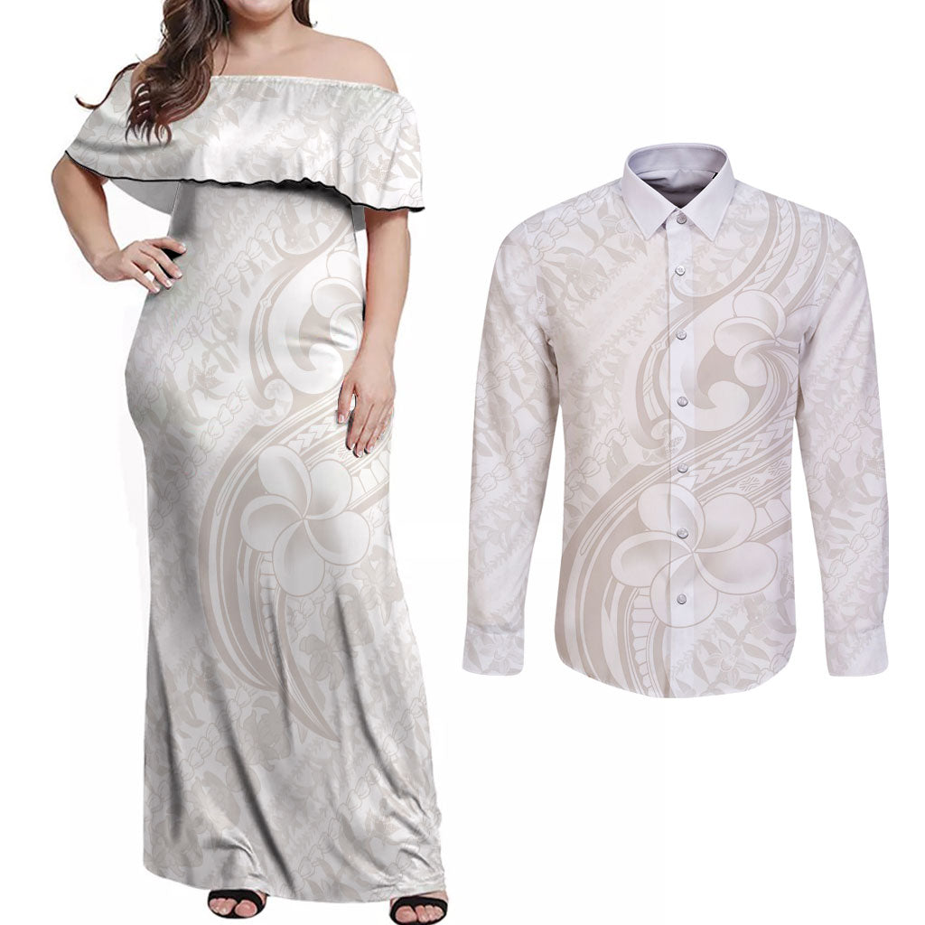 Hawaii Plumeria Lokelani Pikake Lei Couples Matching Off Shoulder Maxi Dress and Long Sleeve Button Shirt Sandy Beige Polynesian Tattoo LT9 Beige - Polynesian Pride