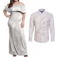 Hawaii Plumeria Lokelani Pikake Lei Couples Matching Off Shoulder Maxi Dress and Long Sleeve Button Shirt Sandy Beige Polynesian Tattoo LT9 Beige - Polynesian Pride