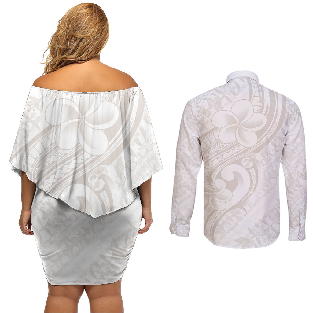 Hawaii Plumeria Lokelani Pikake Lei Couples Matching Off Shoulder Short Dress and Long Sleeve Button Shirt Sandy Beige Polynesian Tattoo LT9 - Polynesian Pride