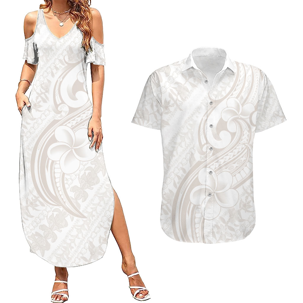 Hawaii Plumeria Lokelani Pikake Lei Couples Matching Summer Maxi Dress and Hawaiian Shirt Sandy Beige Polynesian Tattoo LT9 Beige - Polynesian Pride
