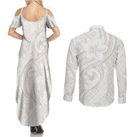 Hawaii Plumeria Lokelani Pikake Lei Couples Matching Summer Maxi Dress and Long Sleeve Button Shirt Sandy Beige Polynesian Tattoo LT9 - Polynesian Pride