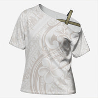 Hawaii Plumeria Lokelani Pikake Lei Cross Shoulder Shirt Sandy Beige Polynesian Tattoo