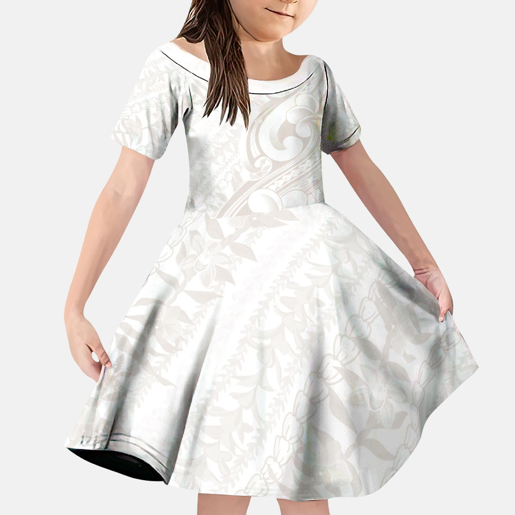 Hawaii Plumeria Lokelani Pikake Lei Family Matching Tank Maxi Dress and Hawaiian Shirt Sandy Beige Polynesian Tattoo LT9 Daughter's Dress Beige - Polynesian Pride