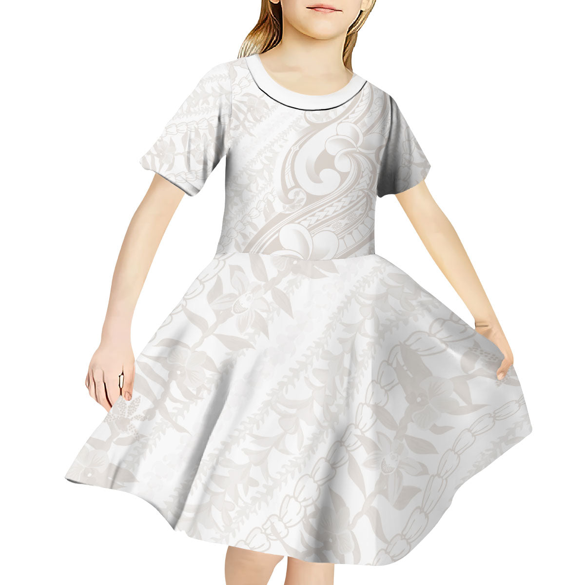 Hawaii Plumeria Lokelani Pikake Lei Kid Short Sleeve Dress Sandy Beige Polynesian Tattoo LT9 - Polynesian Pride