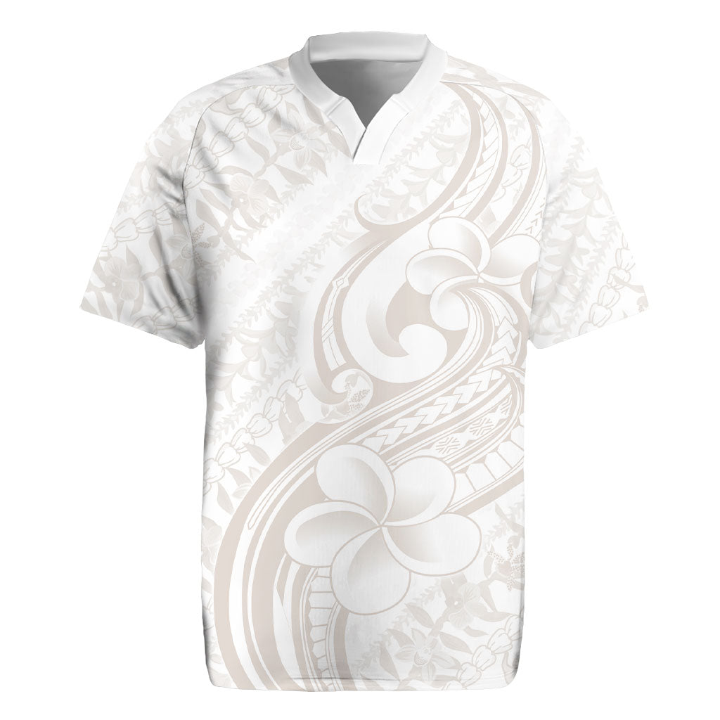 Hawaii Plumeria Lokelani Pikake Lei Rugby Jersey Sandy Beige Polynesian Tattoo