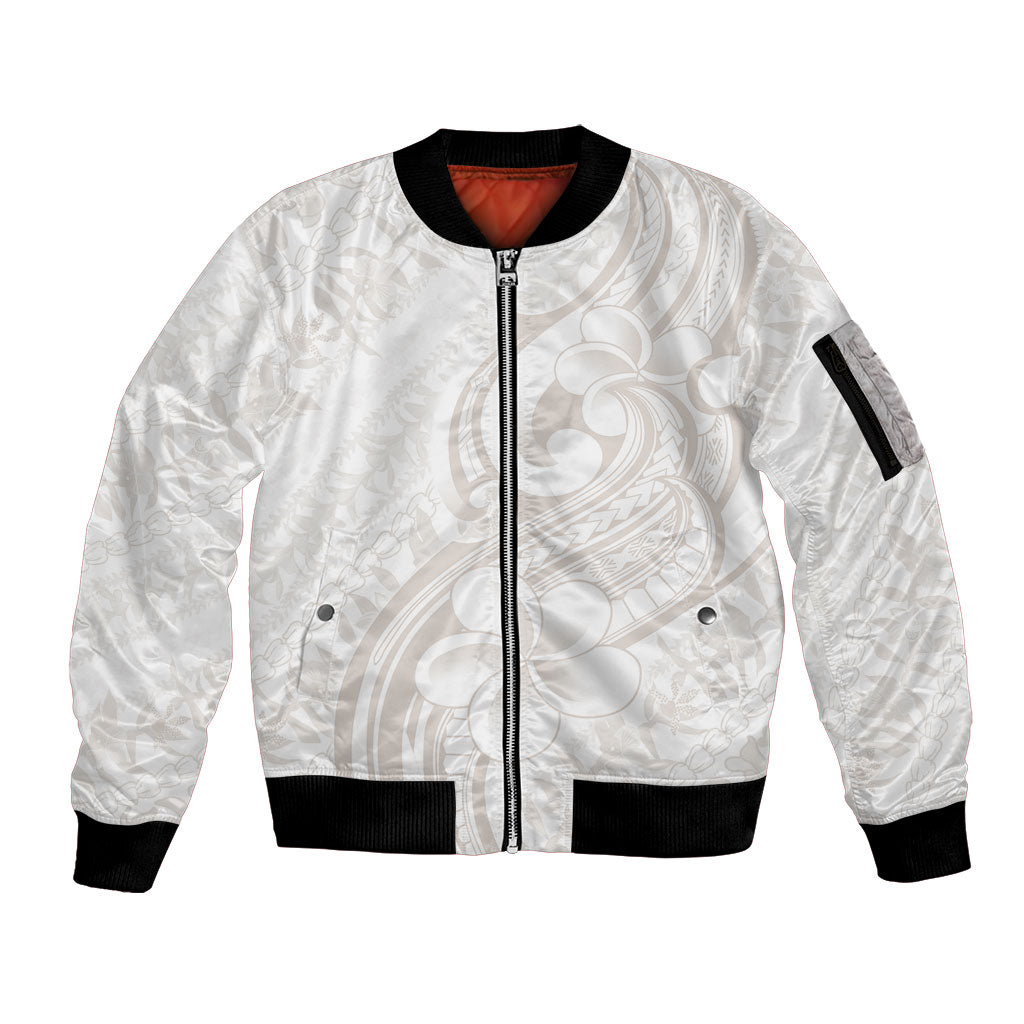 Hawaii Plumeria Lokelani Pikake Lei Sleeve Zip Bomber Jacket Sandy Beige Polynesian Tattoo