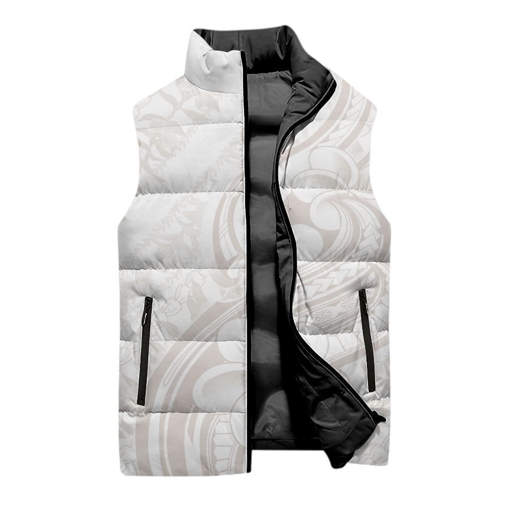 Hawaii Plumeria Lokelani Pikake Lei Sleeveless Puffer Jacket Sandy Beige Polynesian Tattoo LT9 - Polynesian Pride
