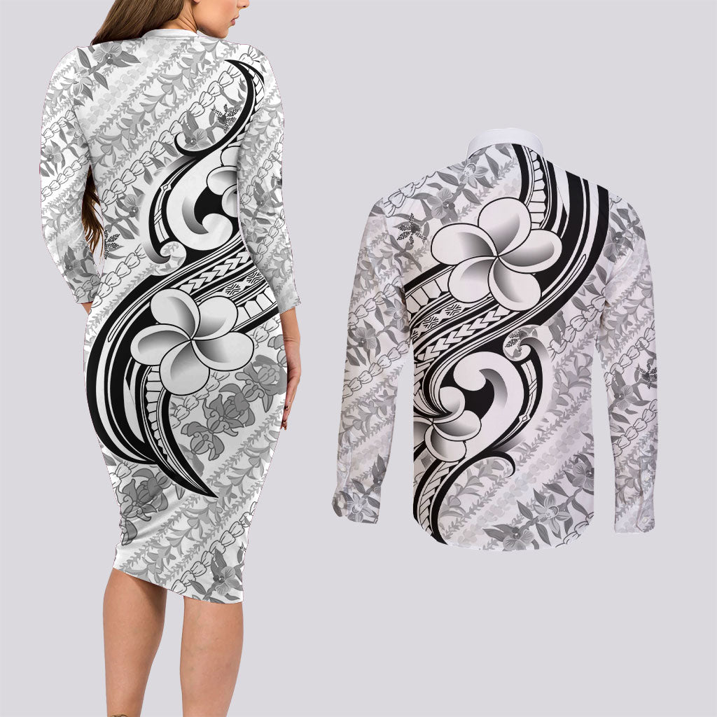 Hawaii Plumeria Lokelani Pikake Lei Couples Matching Long Sleeve Bodycon Dress and Long Sleeve Button Shirt Ele'ele Polynesian Tattoo LT9 - Polynesian Pride