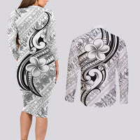 Hawaii Plumeria Lokelani Pikake Lei Couples Matching Long Sleeve Bodycon Dress and Long Sleeve Button Shirt Ele'ele Polynesian Tattoo LT9 - Polynesian Pride