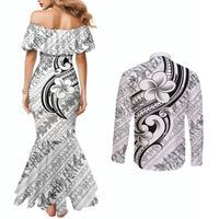 Hawaii Plumeria Lokelani Pikake Lei Couples Matching Mermaid Dress and Long Sleeve Button Shirt Ele'ele Polynesian Tattoo LT9 - Polynesian Pride