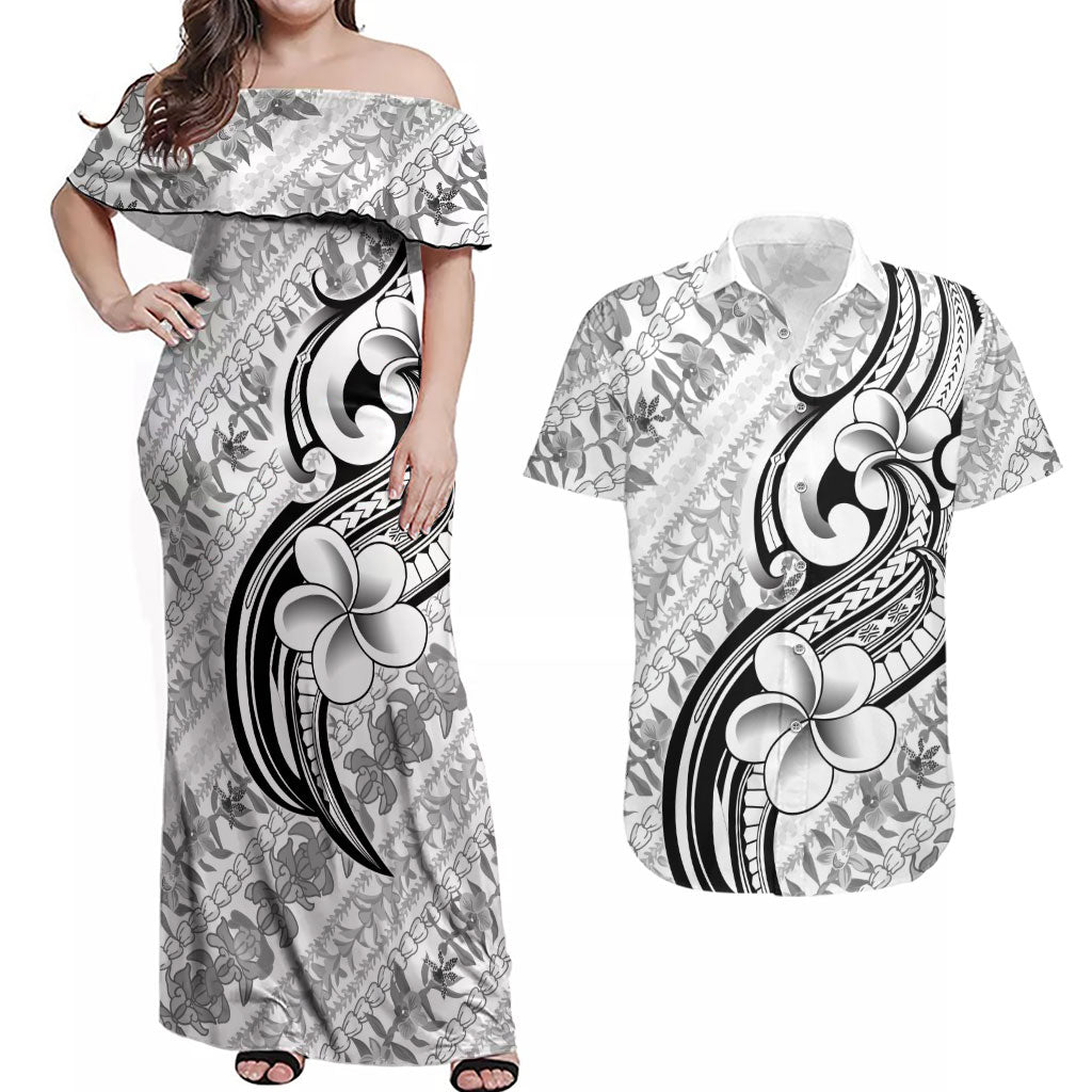 Hawaii Plumeria Lokelani Pikake Lei Couples Matching Off Shoulder Maxi Dress and Hawaiian Shirt Ele'ele Polynesian Tattoo LT9 Black - Polynesian Pride