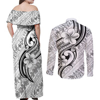 Hawaii Plumeria Lokelani Pikake Lei Couples Matching Off Shoulder Maxi Dress and Long Sleeve Button Shirt Ele'ele Polynesian Tattoo LT9 - Polynesian Pride