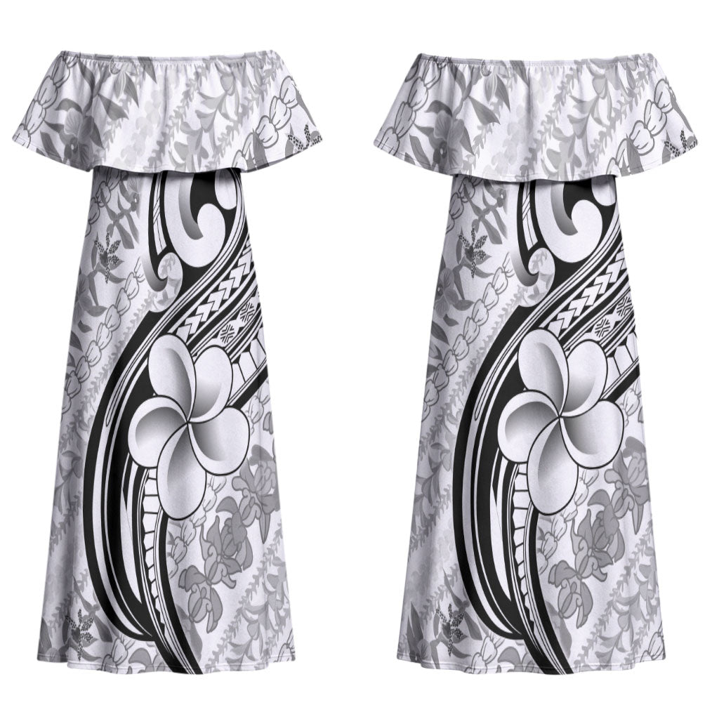 Hawaii Plumeria Lokelani Pikake Lei Couples Matching Off Shoulder Maxi Dress and Long Sleeve Button Shirt Ele'ele Polynesian Tattoo LT9 - Polynesian Pride