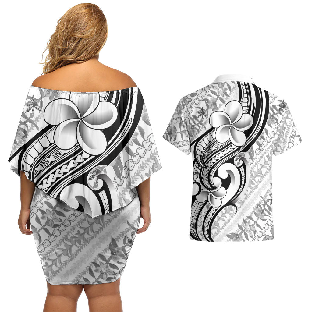 Hawaii Plumeria Lokelani Pikake Lei Couples Matching Off Shoulder Short Dress and Hawaiian Shirt Ele'ele Polynesian Tattoo LT9 - Polynesian Pride