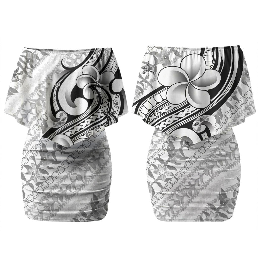 Hawaii Plumeria Lokelani Pikake Lei Couples Matching Off Shoulder Short Dress and Long Sleeve Button Shirt Ele'ele Polynesian Tattoo LT9 - Polynesian Pride
