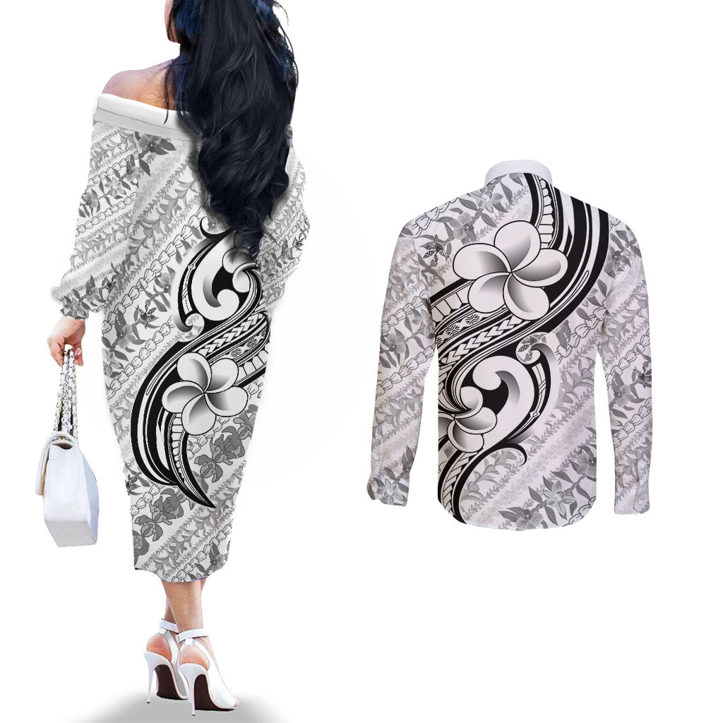 Hawaii Plumeria Lokelani Pikake Lei Couples Matching Off The Shoulder Long Sleeve Dress and Long Sleeve Button Shirt Ele'ele Polynesian Tattoo LT9 - Polynesian Pride