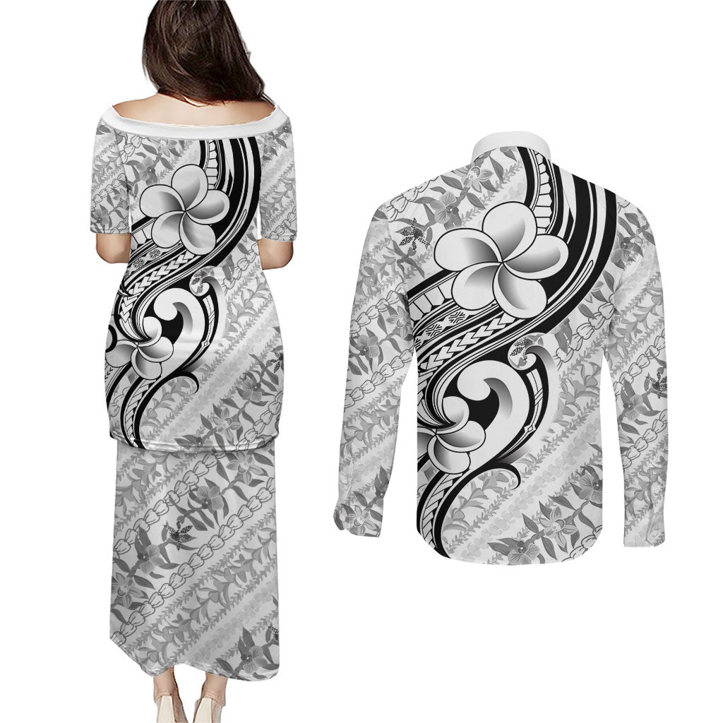 Hawaii Plumeria Lokelani Pikake Lei Couples Matching Puletasi and Long Sleeve Button Shirt Ele'ele Polynesian Tattoo