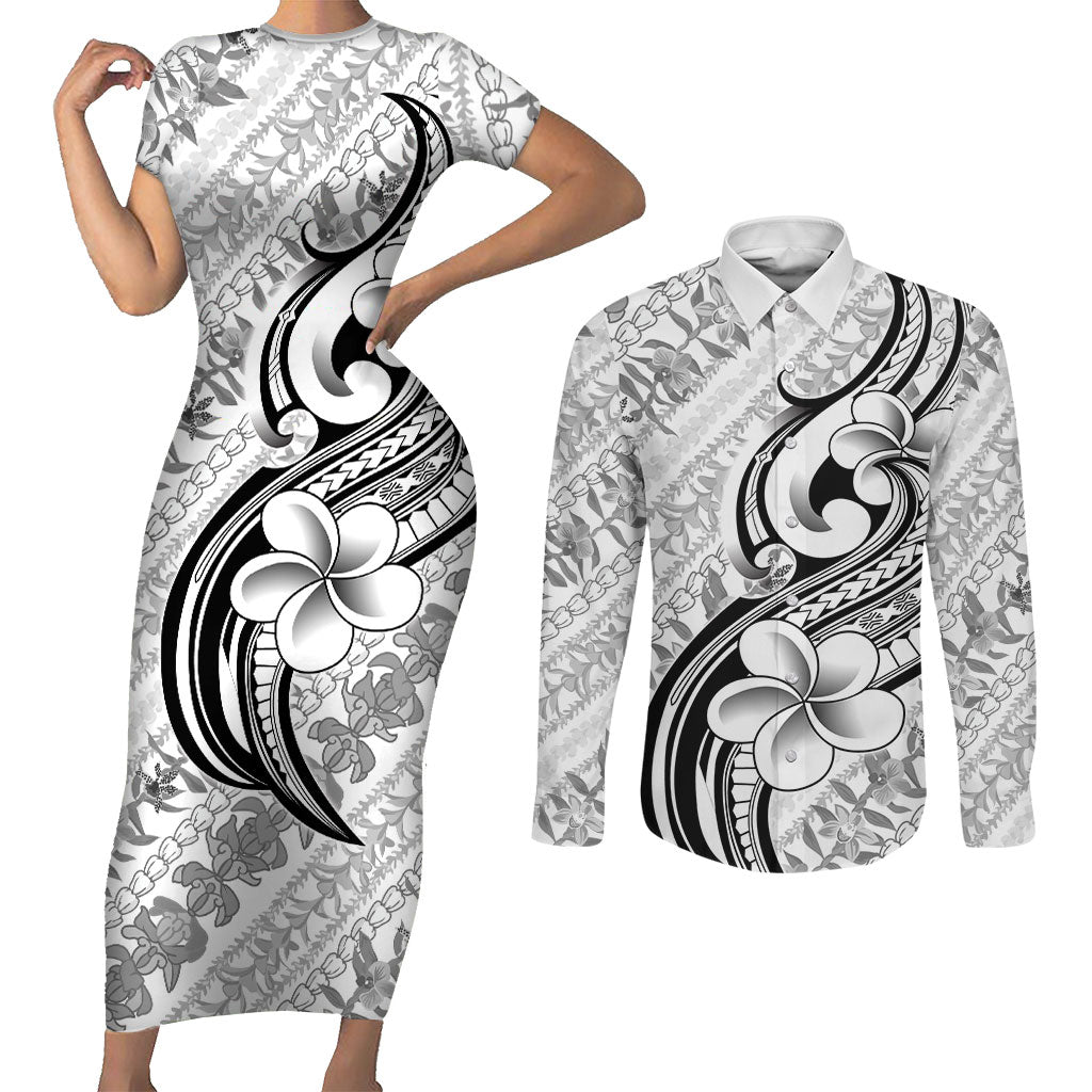 Hawaii Plumeria Lokelani Pikake Lei Couples Matching Short Sleeve Bodycon Dress and Long Sleeve Button Shirt Ele'ele Polynesian Tattoo LT9 Black - Polynesian Pride