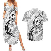 Hawaii Plumeria Lokelani Pikake Lei Couples Matching Summer Maxi Dress and Hawaiian Shirt Ele'ele Polynesian Tattoo LT9 Black - Polynesian Pride